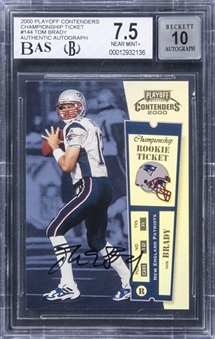 2000 Playoff Contenders Championship Rookie Ticket #144 Tom Brady Signed Rookie Card (#004/100) - BGS NM+ 7.5/BGS 10 - The Hobbys Most Desirable NFL Card!